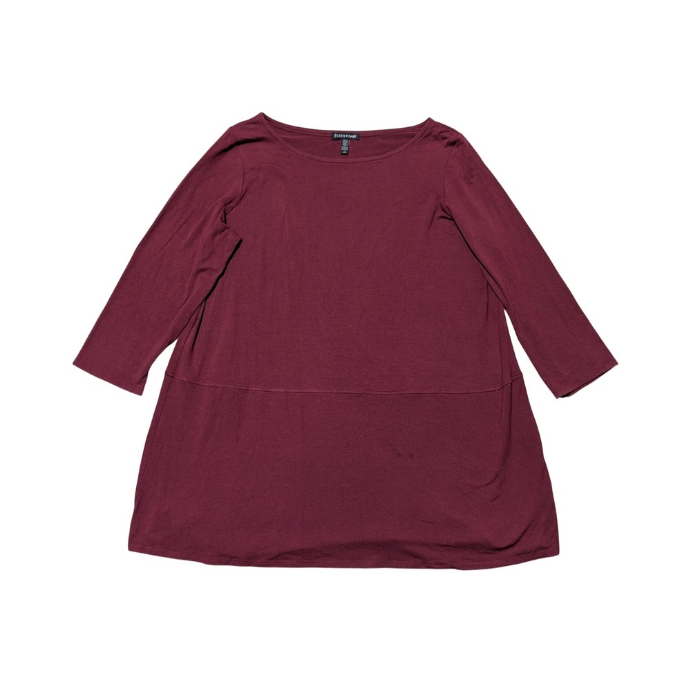 Eileen Fisher Tunic Women L Burgundy 3/4 Sleeve Boat Neck A-Line Jersey Top